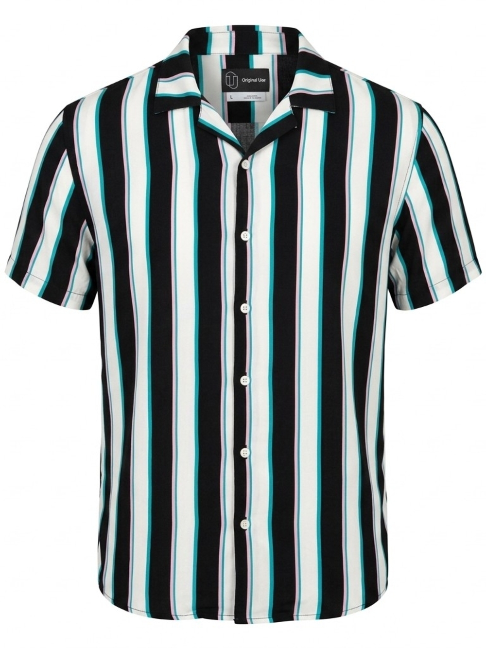 Original Use Men's Striped Short Sleeve Camp Collar Shirt - Retro Teal Pink -‎ L